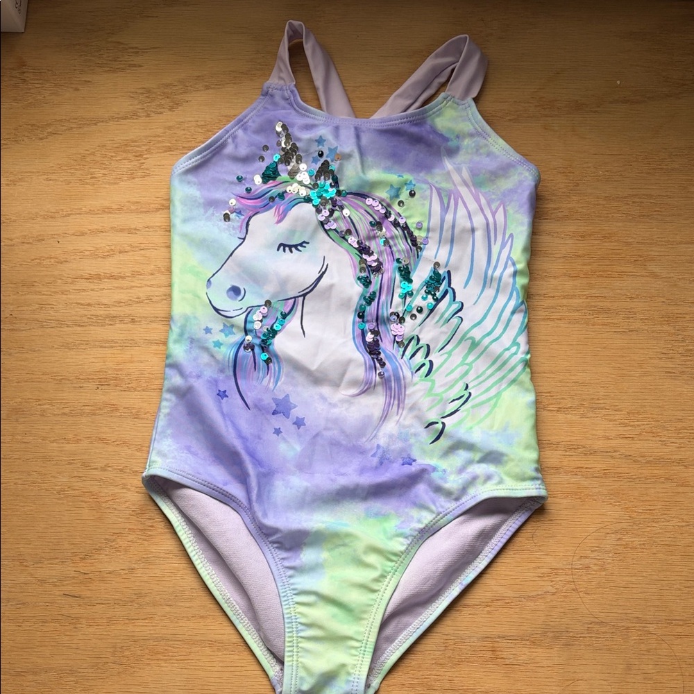 wonder nation Girls' Pastel Purple & Mint Unicorn One-Piece Swimsuit